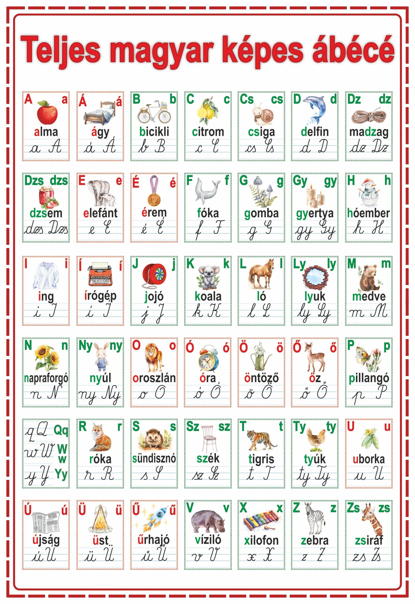 Întregul alfabet maghiar ilustrat.
